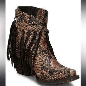 Tony Lama Women's Ankle Boots - Brown Snakeskin with Black Fringe